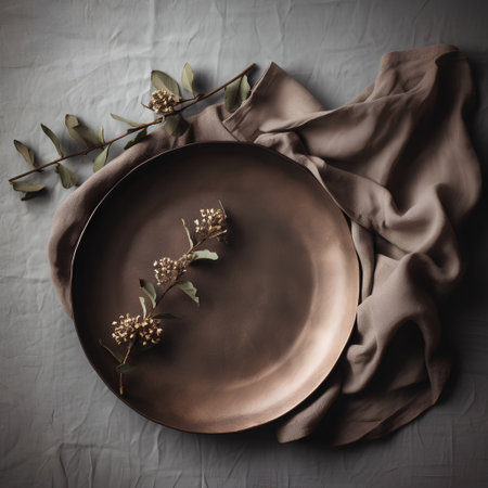 Rustic table setting with eucalyptus branch and brown plate on grey background. Flat lay, top view.の素材