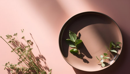 Creative flat lay top view of ceramic plate with green leaves on pink background with copy space. Minimal nature concept.の素材