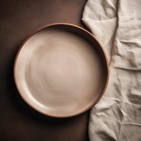 Empty ceramic plate and linen textile on brown background. Top view.の素材