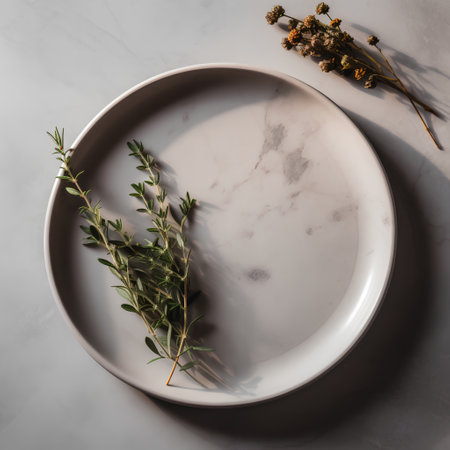Plate with fresh thyme twigsle background. Flat lay, top viewの素材