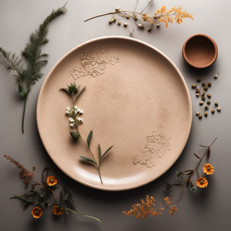 Elegant table setting with autumn flowers. Flat lay, top viewの素材