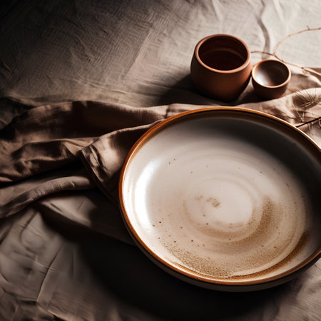 Empty ceramic plate and cup of tea on linen background. Selective focus.の素材