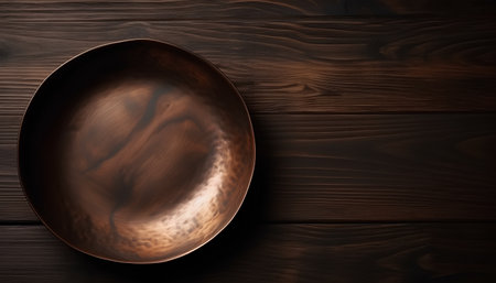 Wooden plate on wooden background. Top view with copy space.の素材