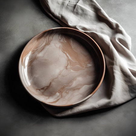 Empty ceramic plate with linen napkin on grey background, top viewの素材
