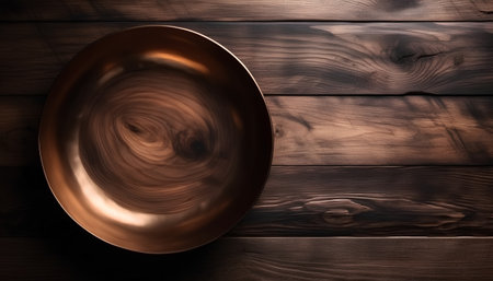 Empty plate on wooden background. Top view. 3d illustration.の素材