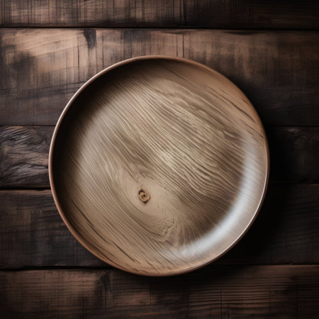 Empty wooden plate on wooden background. Top view. Copy space.の素材