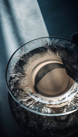 Glass ashtray on a black background with shadows from the sunの素材