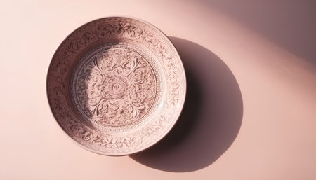 Vintage plate on pink background with shadow, 3d render.の素材