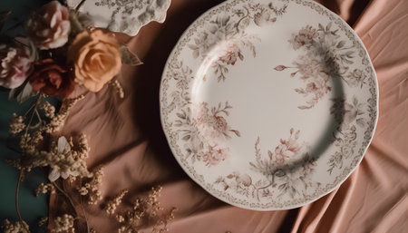 Beautiful table setting with vintage porcelain plate and flowers.の素材