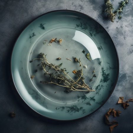 Herbal tea with thyme on a blue plate, top viewの素材