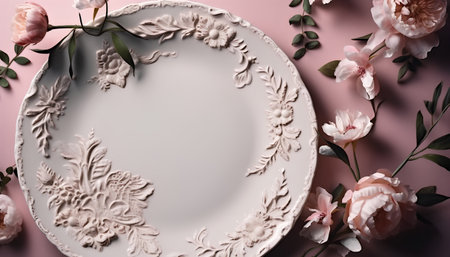 Vintage plate with floral ornament on pink background. 3d renderの素材