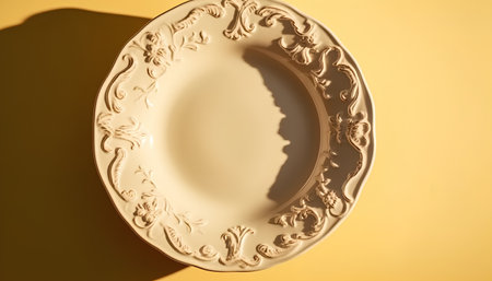 Vintage porcelain plate on a yellow background with a shadowの素材