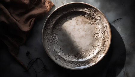 Vintage metal plate on a dark background. Top view. Copy space.の素材