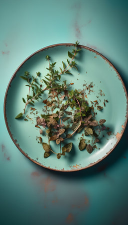 Dried oregano leaves on a plate over turquoise backgroundの素材