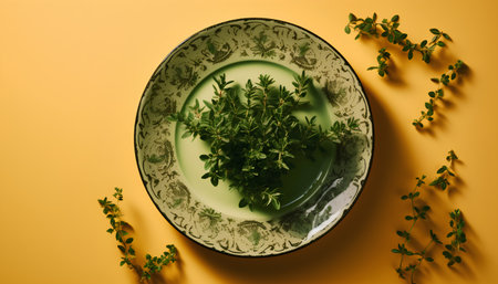 Top view of a green plate with thyme on a yellow backgroundの素材