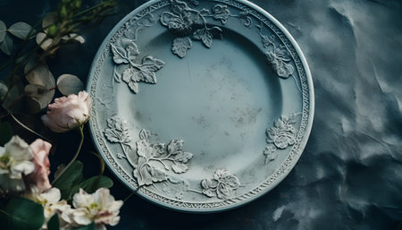 Vintage plate and flowers on a dark background. Copy space.の素材