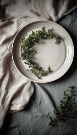 Empty plate with green thyme twigs on gray linen tableclothの素材