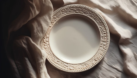 Empty vintage plate on linen tablecloth. Flat lay, top view.の素材