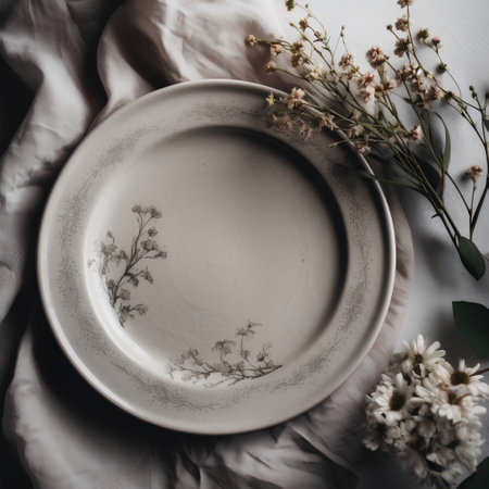 Empty plate and flowers on linen tablecloth. Flat lay, top viewの素材