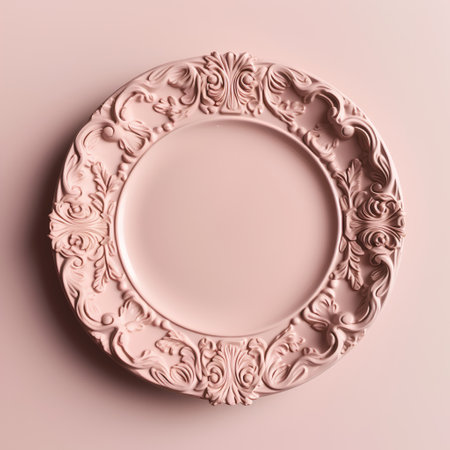 3d render of a pink round frame with floral ornament on a pink background