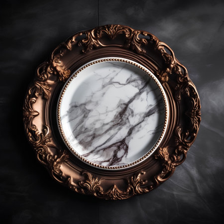 Luxury vintage plate on a dark background. Top view.の素材