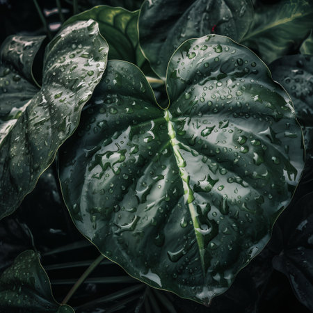 Water droplets on the leaves of a tropical plant. Selective focus.の素材