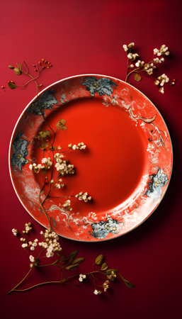 Empty plate with floral ornament on red background. Flat lay, top view.の素材