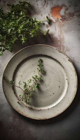 Rustic plate with fresh thyme on dark background. Toned.の素材