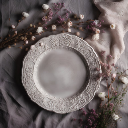Beautiful vintage table setting with white plates and flowers on gray linen. Flat lay, top viewの素材