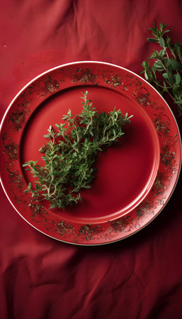Plate with thyme on a red background. Toned.の素材