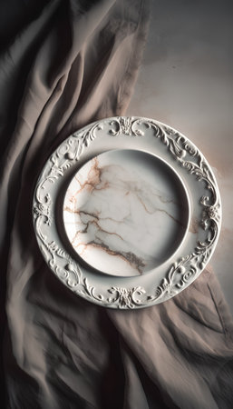 Vintage porcelain plate with marble texture on fabric background. Toned.の素材