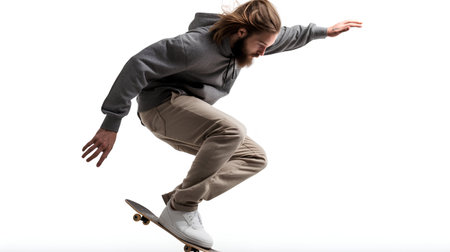 Young man skateboarder doing a trick on a white background.の素材