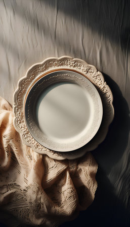 Empty plate on beige linen background. Top view, copy spaceの素材