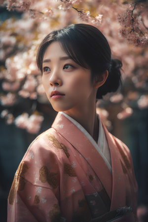 Beautiful japanese girl in kimono with sakuraの素材