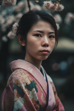 Portrait of a beautiful asian woman wearing kimono in Japanの素材