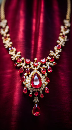 Necklace with precious stones on a red satin background.の素材