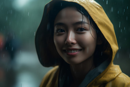 Portrait of beautiful asian woman wearing raincoat in rainy day.の素材