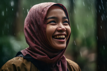 Portrait of young muslim woman with hijab smiling in rain.の素材