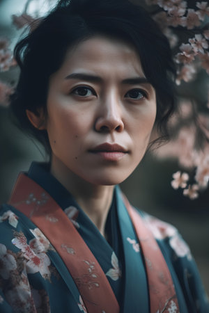 Portrait of beautiful japanese woman with sakura blossomの素材