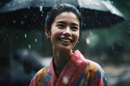 Beautiful asian woman wearing kimono with umbrella under the rainの素材