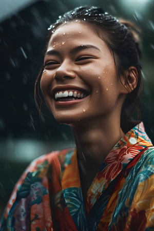 Portrait of a beautiful young asian woman smiling under the rainの素材