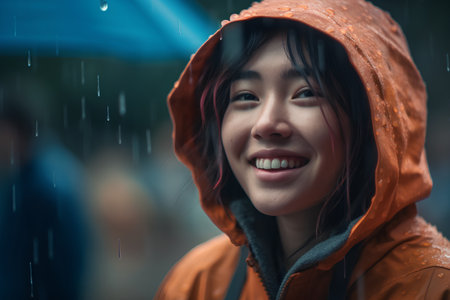 young beautiful and happy Asian Korean woman in raincoat and hoodie smiling cheerful at rainy street under rain in holidays travel and tourism conceptの素材