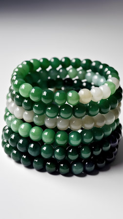 necklace made of green and white beads on a white background close upの素材