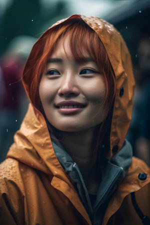 Beautiful young asian woman with red hair wearing raincoat at city streetの素材