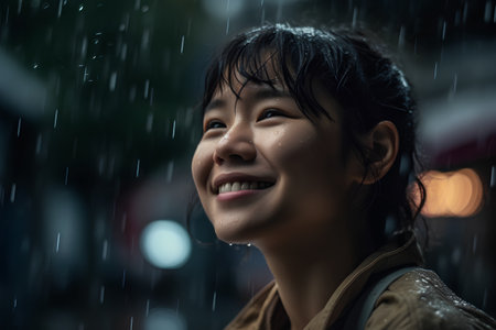 Asian woman smile and looking at the rain in the rainy season.の素材