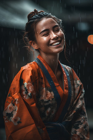 Beautiful young asian woman wearing kimono in the rainの素材