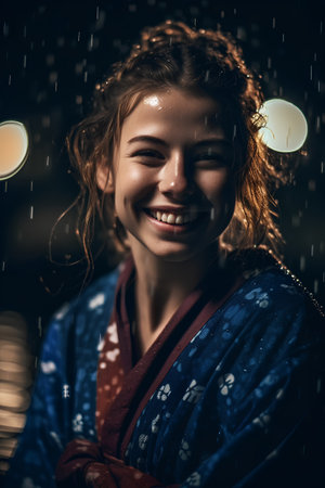 Portrait of a beautiful young woman in kimono in the rainの素材