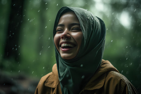 Portrait of a beautiful young muslim woman smiling in the rainの素材