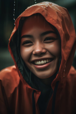 Portrait of a beautiful young Asian woman wearing raincoat and smiling.の素材