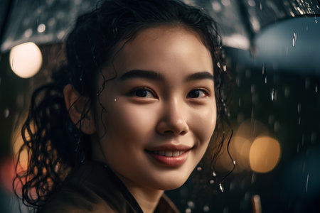 Portrait of a beautiful young asian woman in raincoat.の素材